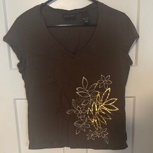 New York & Company Brown Tee with Gold Floral Accents